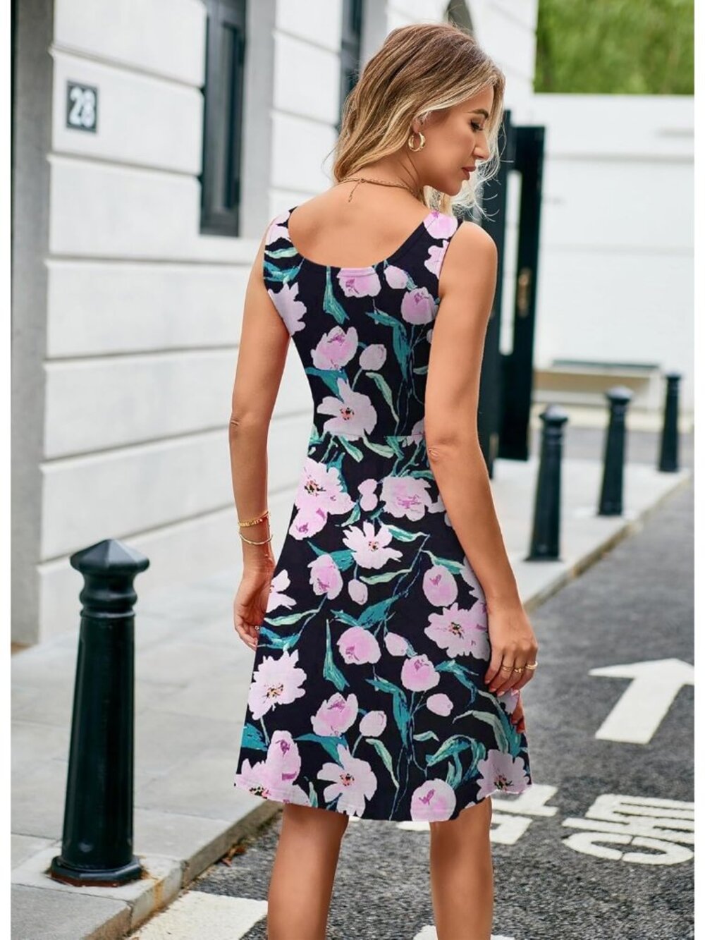 Women's Flower Purple High Stylish for Women A line Sleeveless Wide Midi Dress - Picture 3 of 6